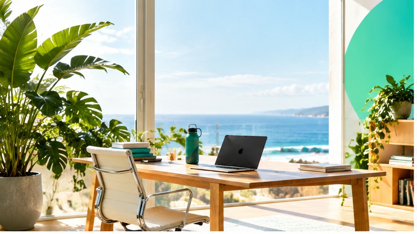 Sunlit workspace overlooking the ocean