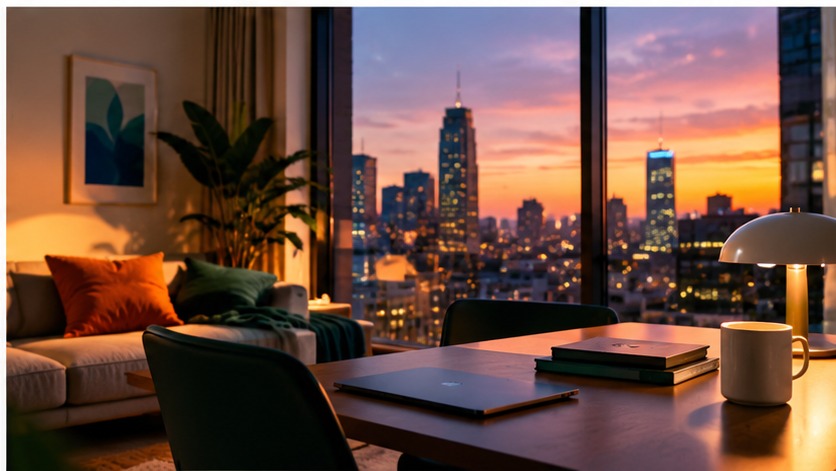 Cozy apartment overlooking a city at sunset